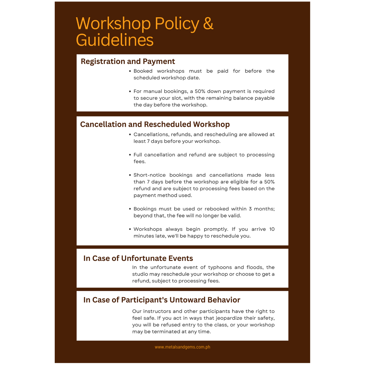 Workshop policy and guidelines document on a brown background