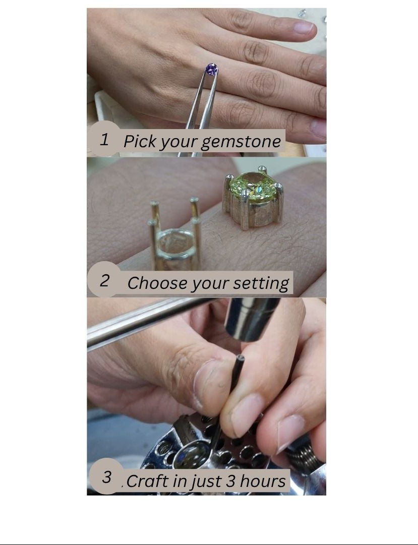 A vertical instructional graphic with three labeled steps showing hands using a gemstone setting tool: '1 Pick your gemstone', '2 Choose your setting', and '3 Craft in just 3 hours'. The right side of the image is blank white space.