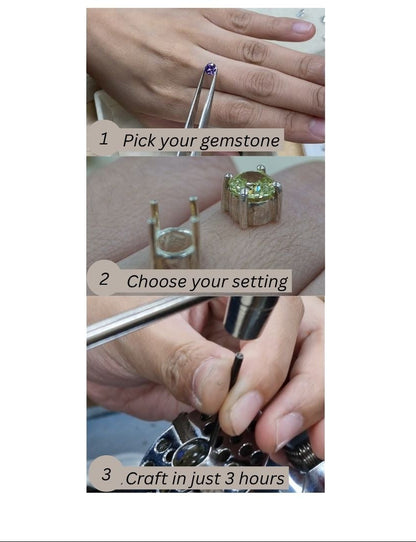 A vertical instructional graphic with three labeled steps showing hands using a gemstone setting tool: '1 Pick your gemstone', '2 Choose your setting', and '3 Craft in just 3 hours'. The right side of the image is blank white space.